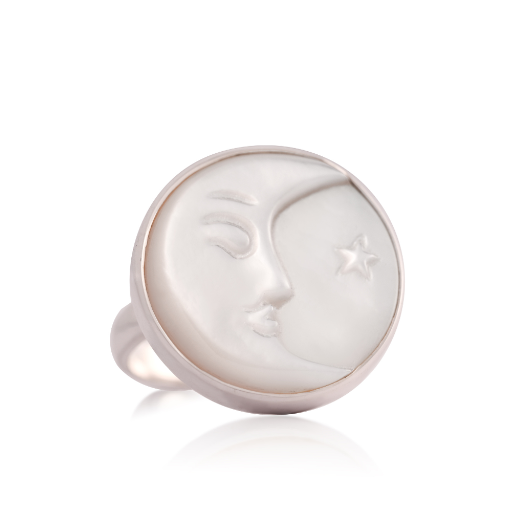 Natural Mother of Pearl Face Carving Sterling Silver Ring For Women