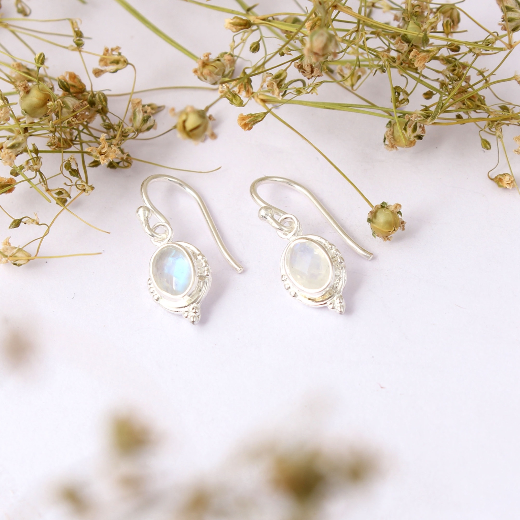 Rainbow Moonstone Dangle Sterling Silver Earrings