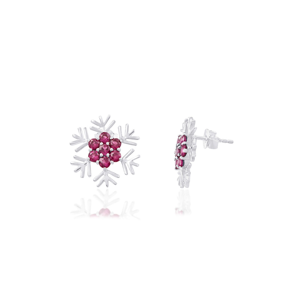 Natural Rhodolite Birthstone Snowflake Design Sterling Silver Studs Earrings