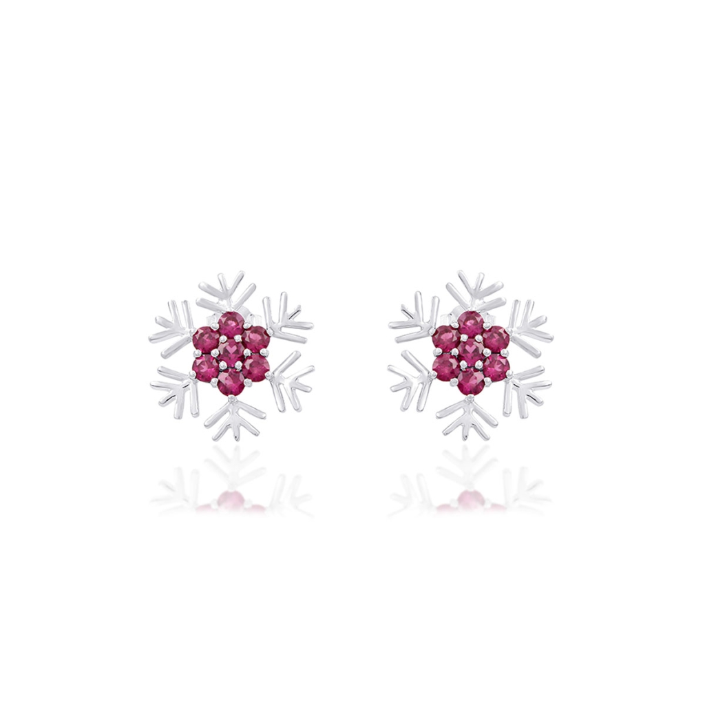 Natural Rhodolite Birthstone Snowflake Design Sterling Silver Studs Earrings