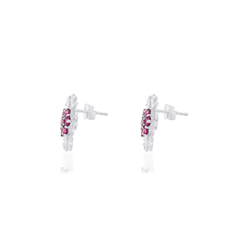 Natural Rhodolite Birthstone Snowflake Design Sterling Silver Studs Earrings