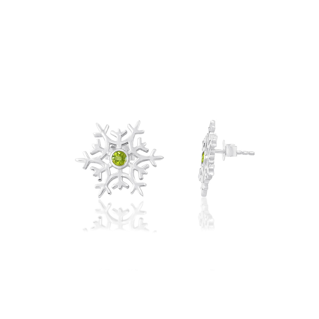 Natural Peridot Birthstone Snowflake Design Sterling Silver Studs Earrings