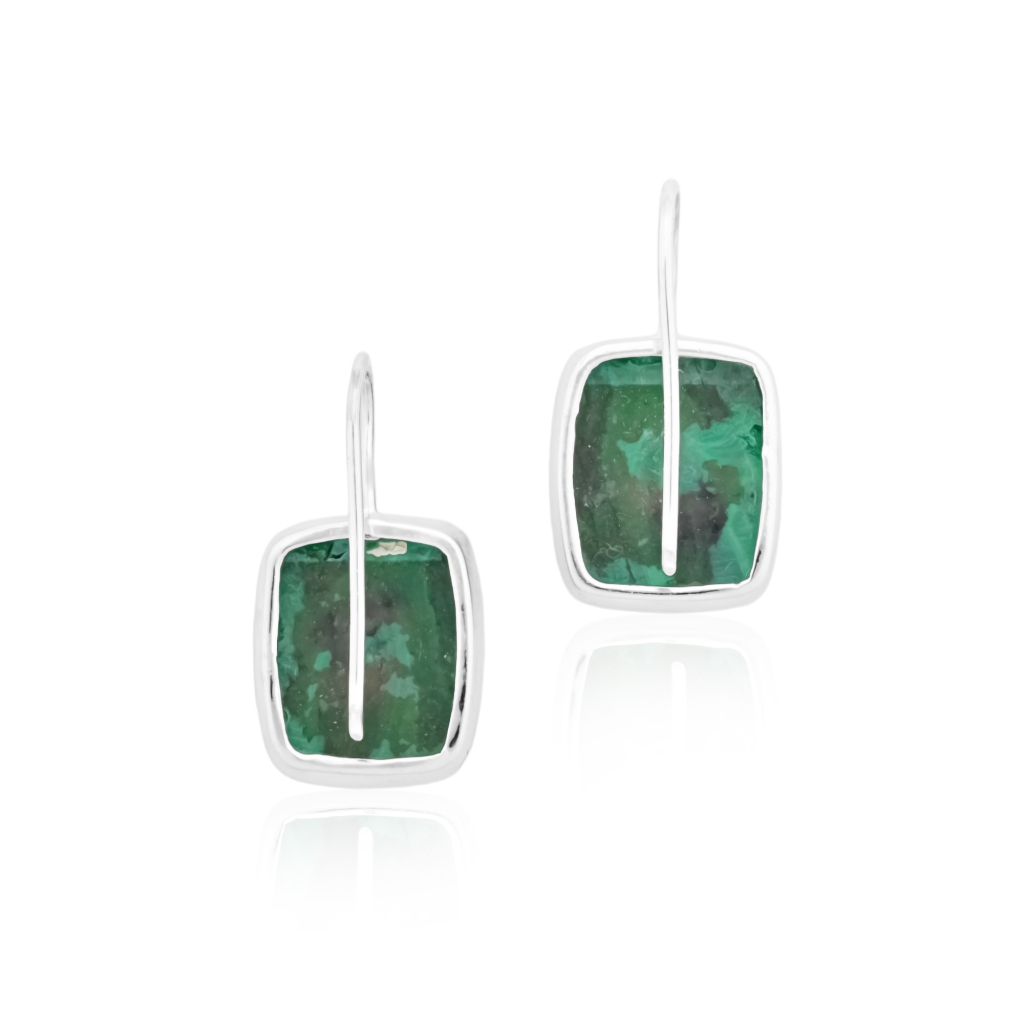 Natural Green Malachite Gemstone Dangle Sterling Silver Women Earrings
