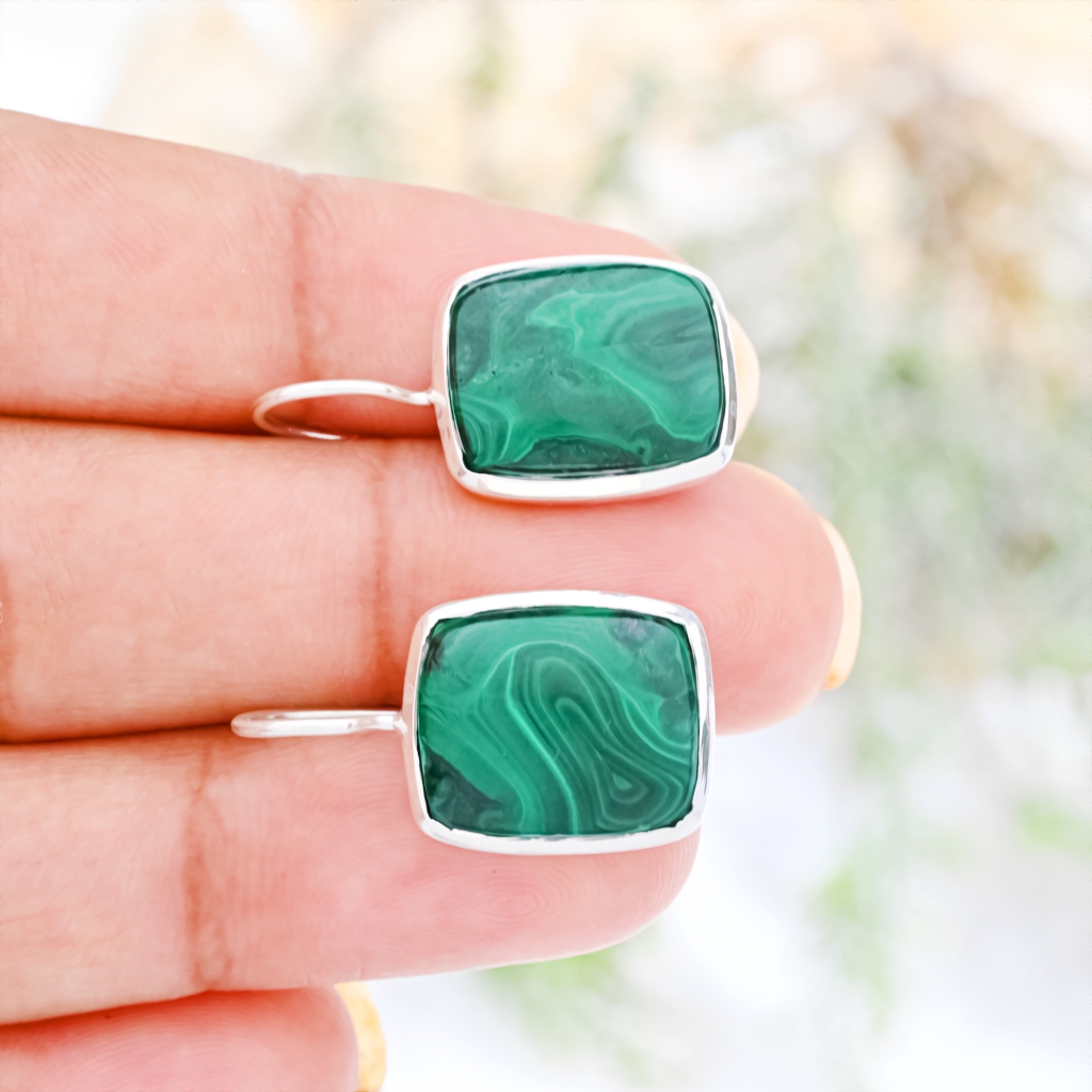 Natural Green Malachite Gemstone Dangle Sterling Silver Women Earrings
