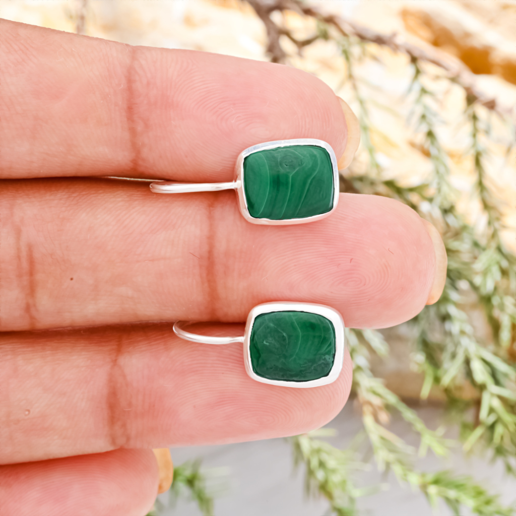 Natural Green Malachite Gemstone Dangle Sterling Silver Women Earrings