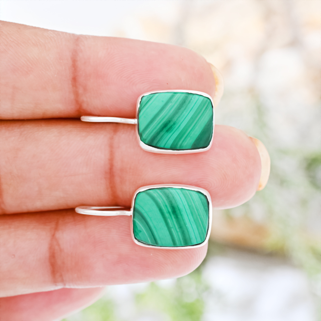 Natural Green Malachite Gemstone Dangle Sterling Silver Women Earrings