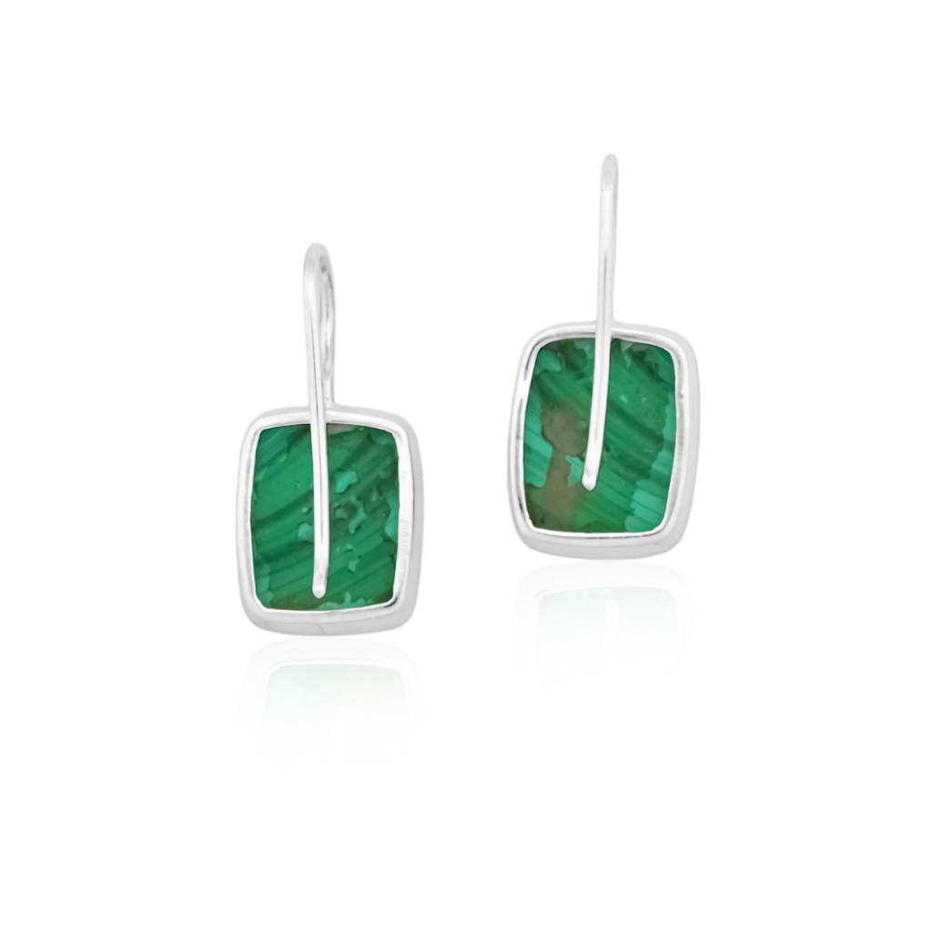 Natural Green Malachite Gemstone Dangle Sterling Silver Women Earrings