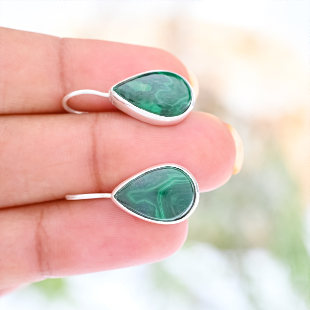 Natural Green Malachite Gemstone Dangle Sterling Silver Women Earrings