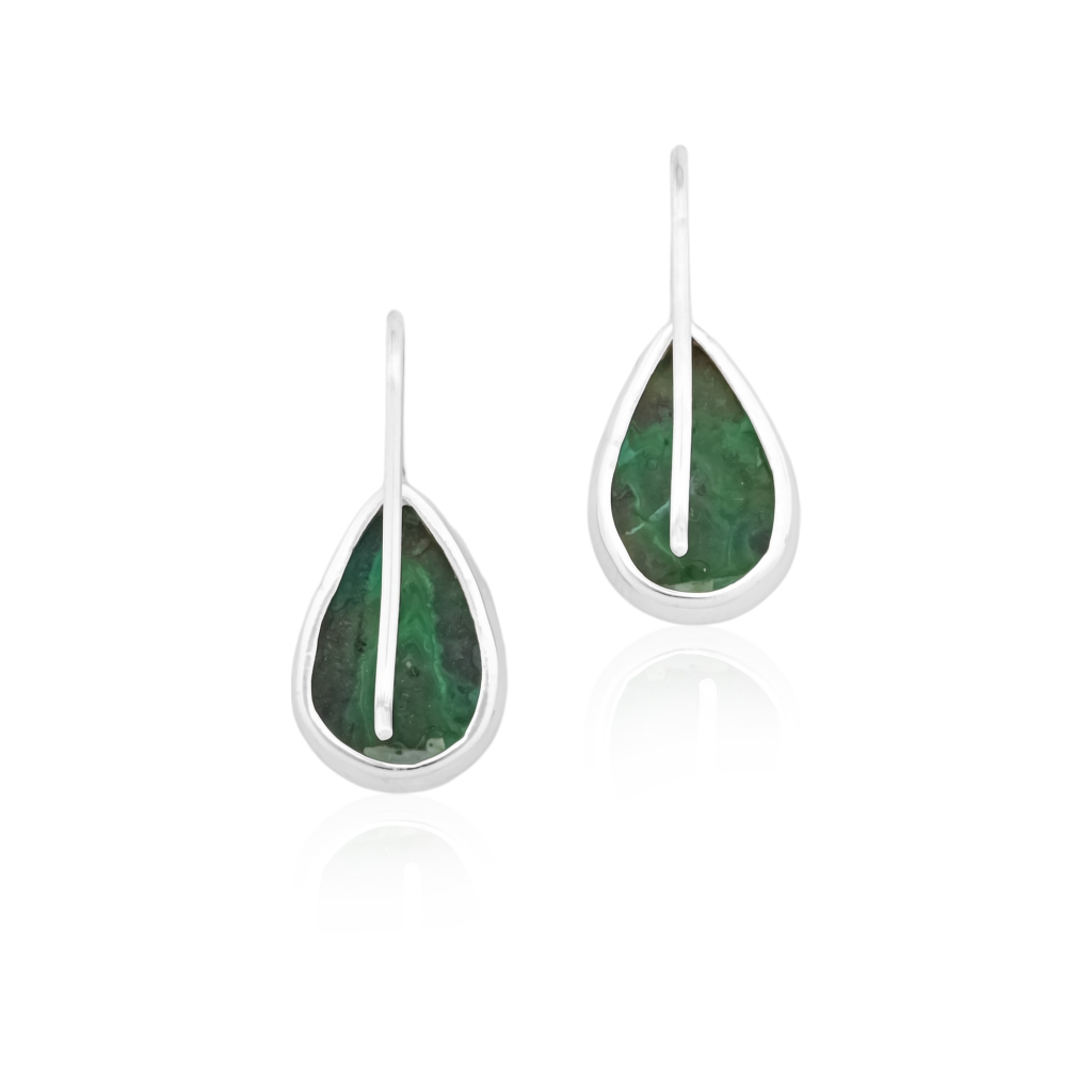 Natural Green Malachite Gemstone Dangle Sterling Silver Women Earrings