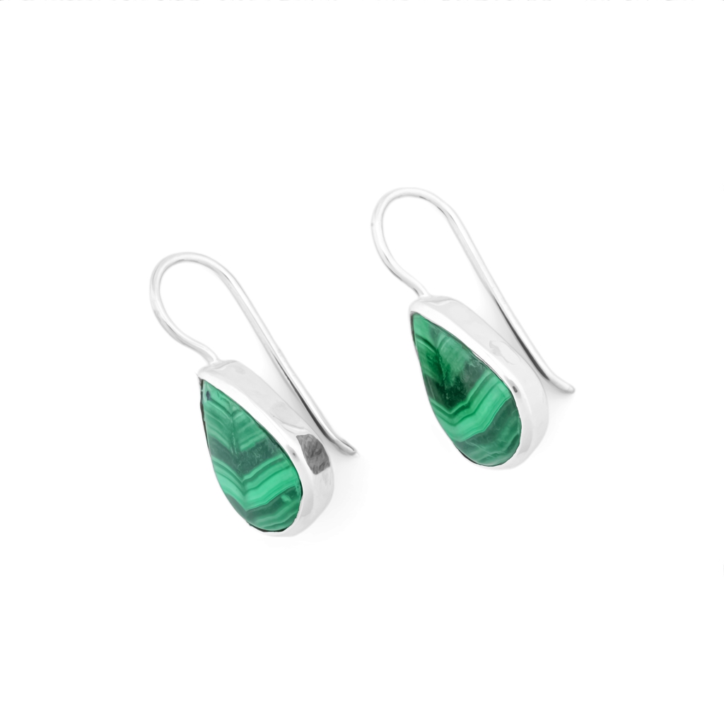 Natural Green Malachite Gemstone Dangle Sterling Silver Women Earrings