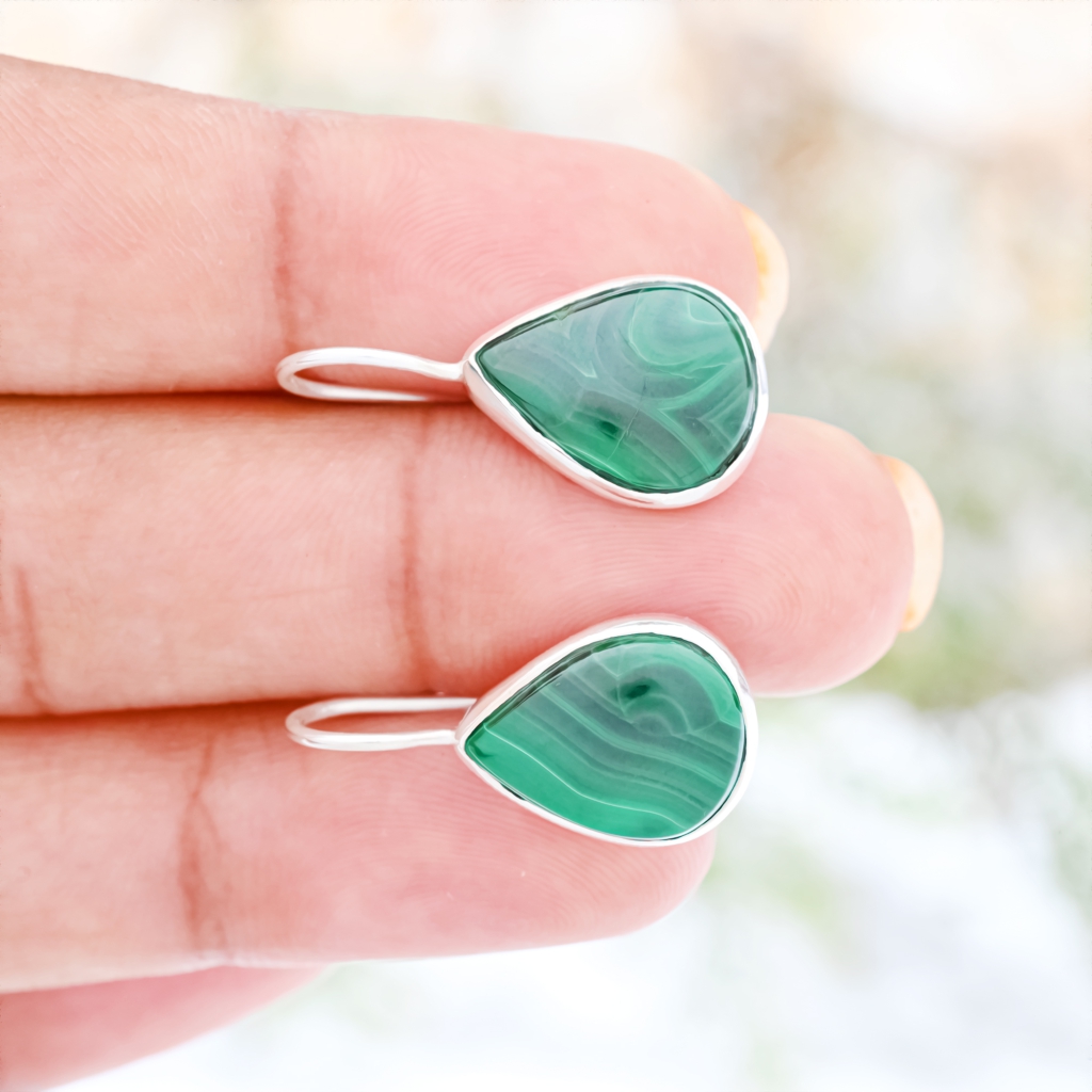 Natural Green Malachite Gemstone Dangle Sterling Silver Women Earrings