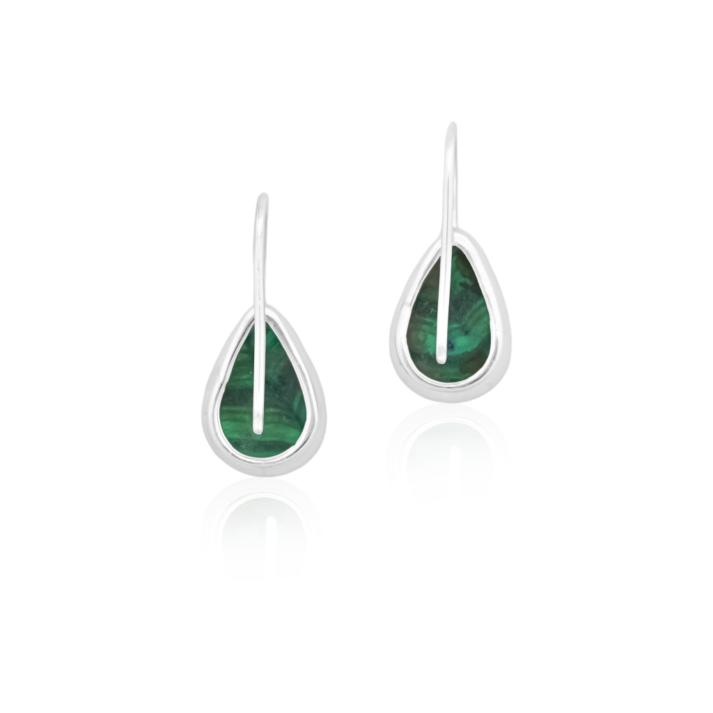Natural Green Malachite Gemstone Dangle Sterling Silver Women Earrings