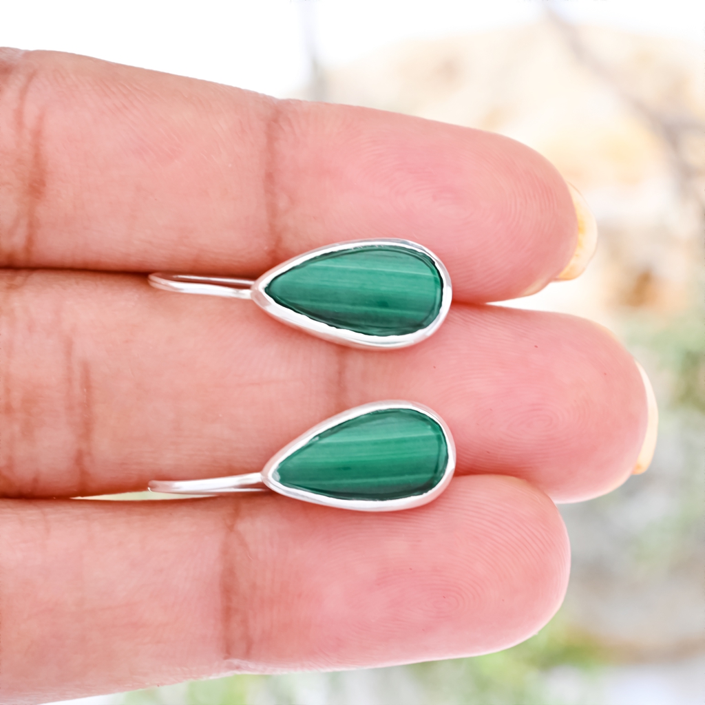 Natural Green Malachite Gemstone Dangle Sterling Silver Women Earrings