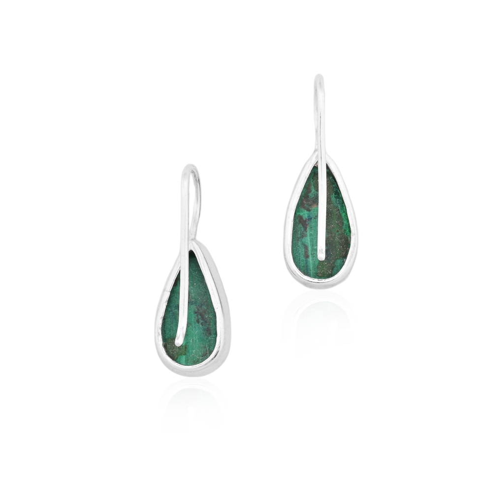 Natural Green Malachite Gemstone Dangle Sterling Silver Women Earrings