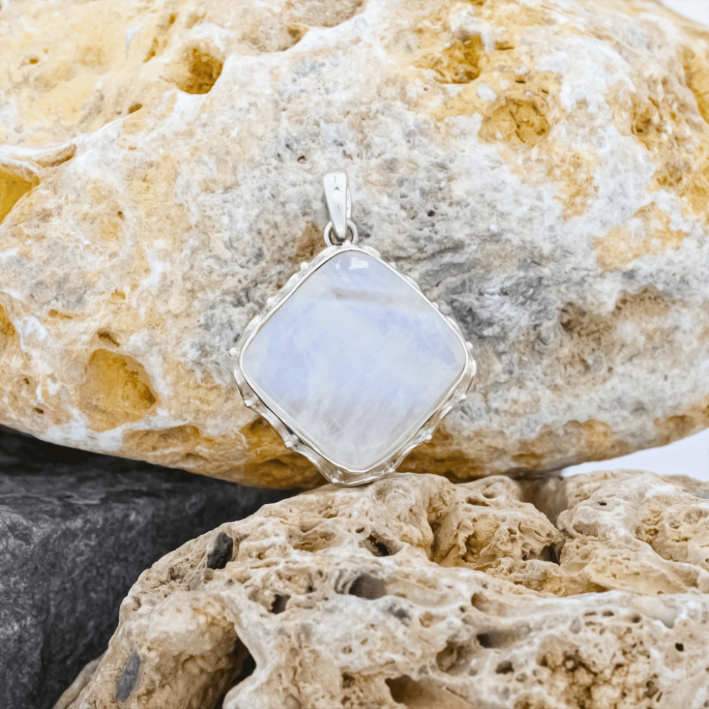 Rainbow Moonstone Square Design Sterling Silver Pendant Jewellery