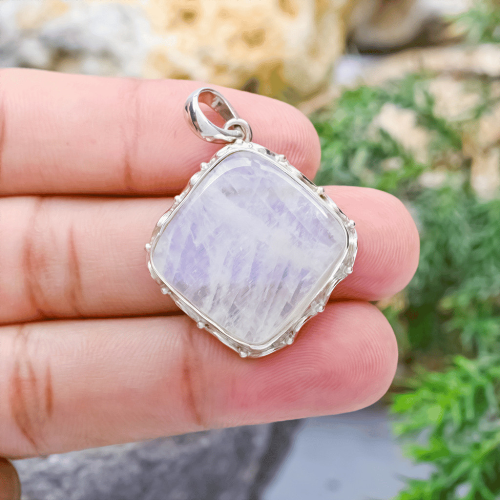 Rainbow Moonstone Square Design Sterling Silver Pendant Jewellery