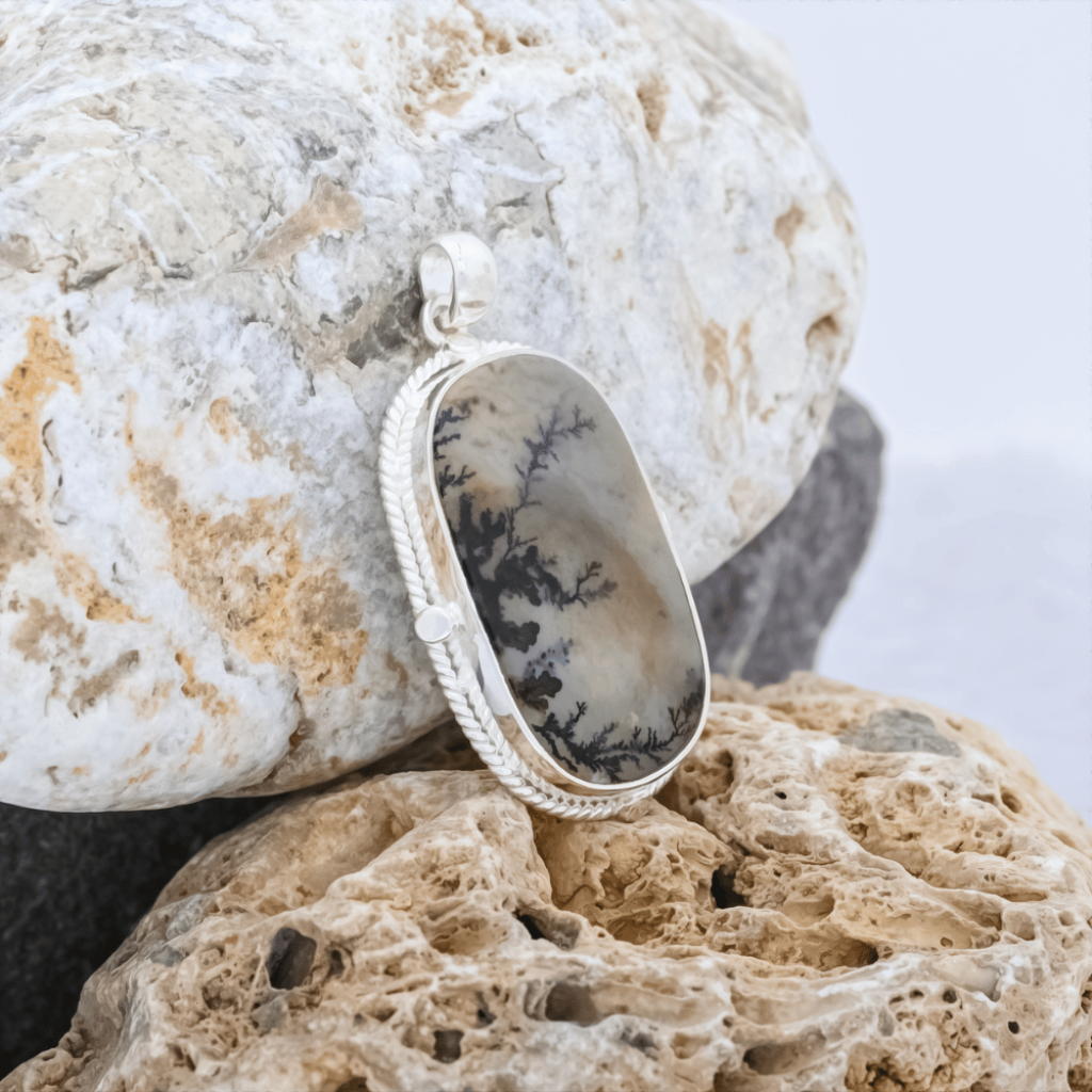 Dendrite Agate Oval Shape Sterling Silver Pendant Necklace