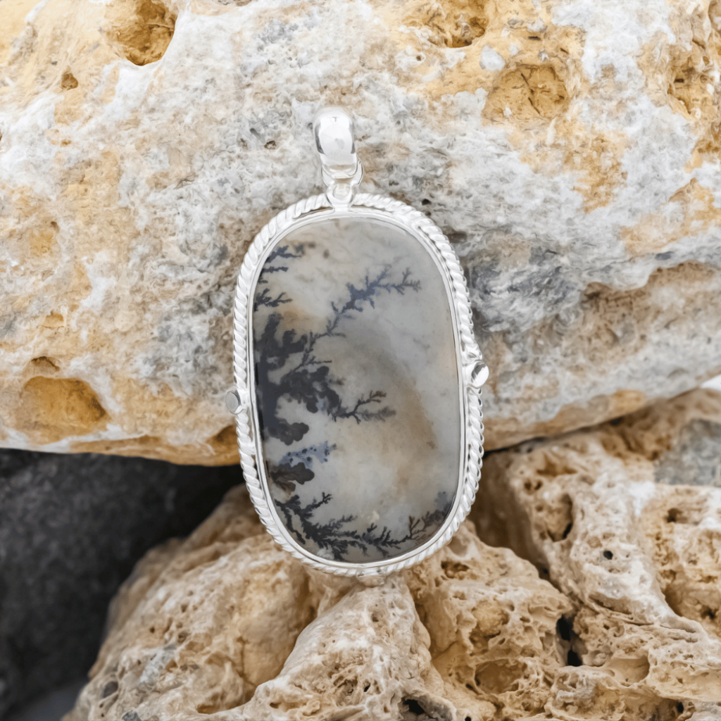 Dendrite Agate Oval Shape Sterling Silver Pendant Necklace