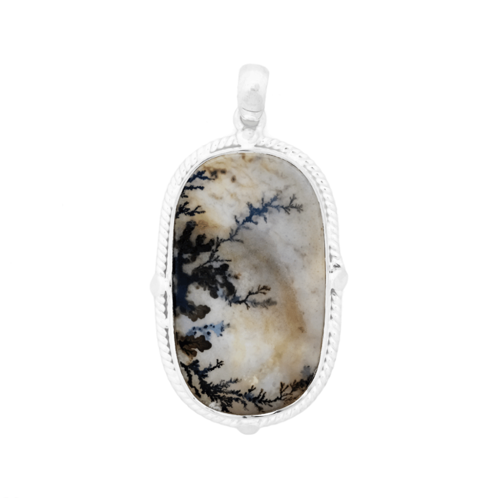 Dendrite Agate Oval Shape Sterling Silver Pendant Necklace