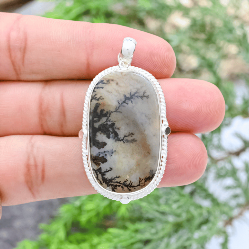 Dendrite Agate Oval Shape Sterling Silver Pendant Necklace
