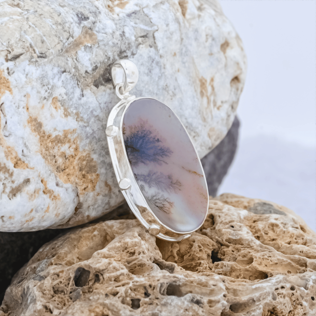 Dendrite Agate Oval Shape Sterling Silver Pendant Necklace