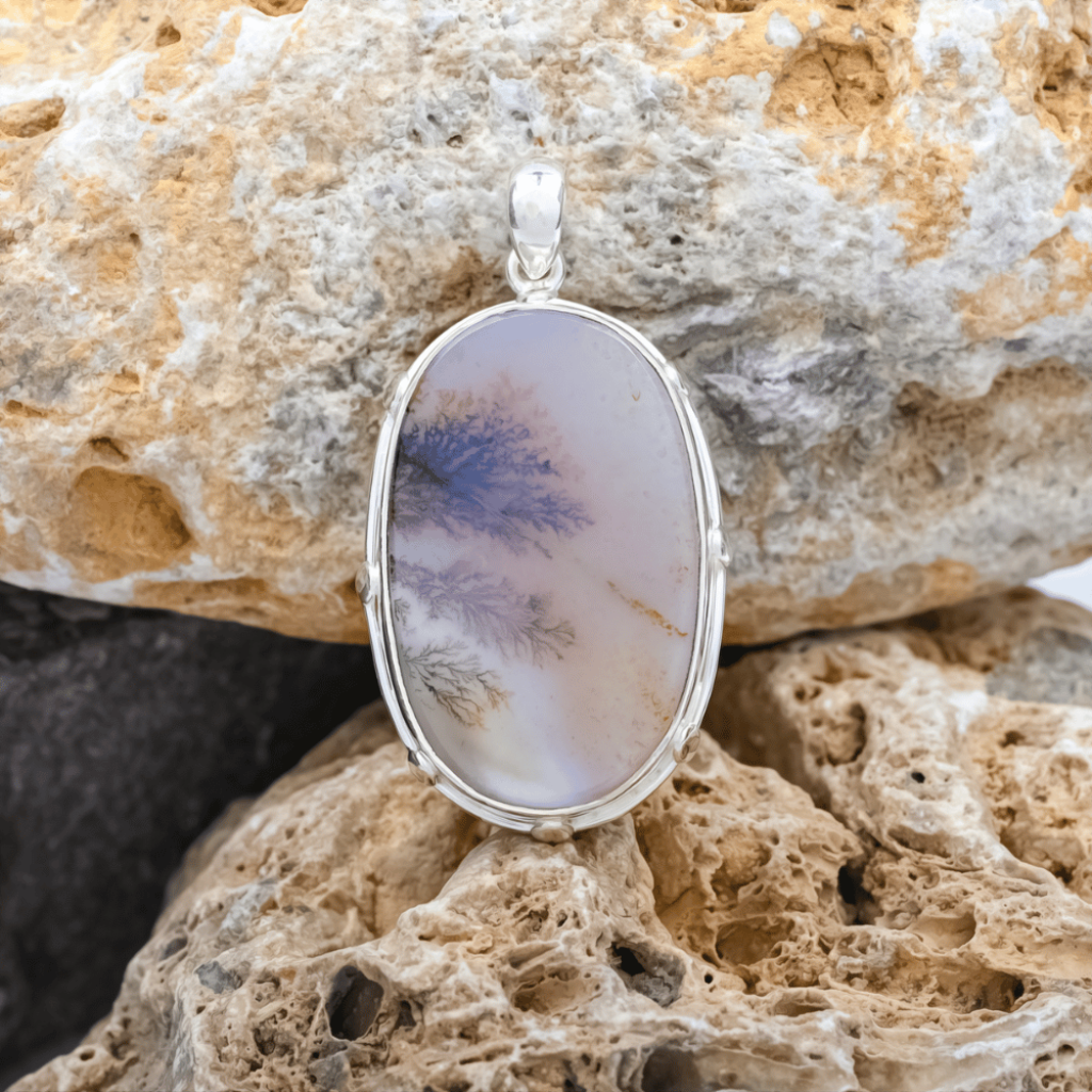Dendrite Agate Oval Shape Sterling Silver Pendant Necklace