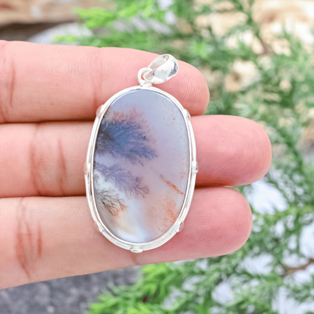 Dendrite Agate Oval Shape Sterling Silver Pendant Necklace