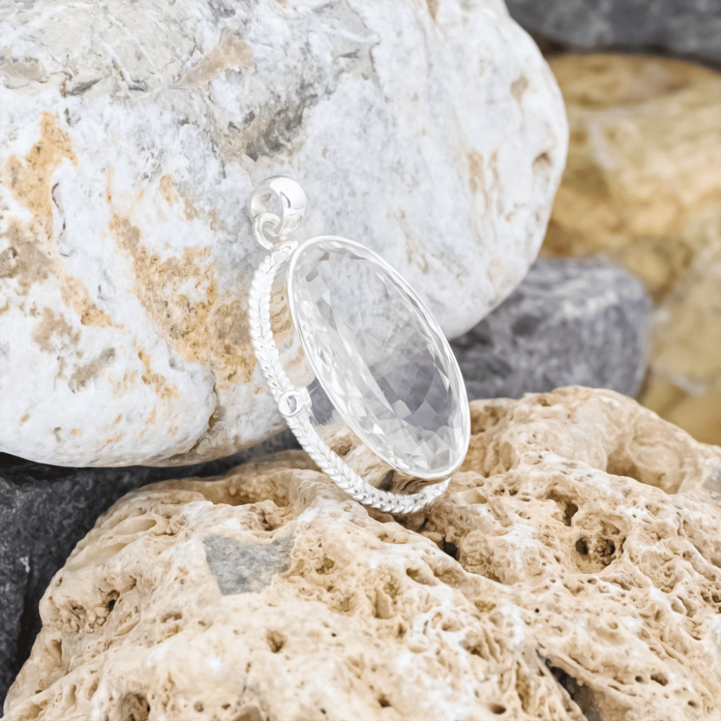 Natural Clean Crystal Quartz Oval Sterling Silver Pendant Jewellery
