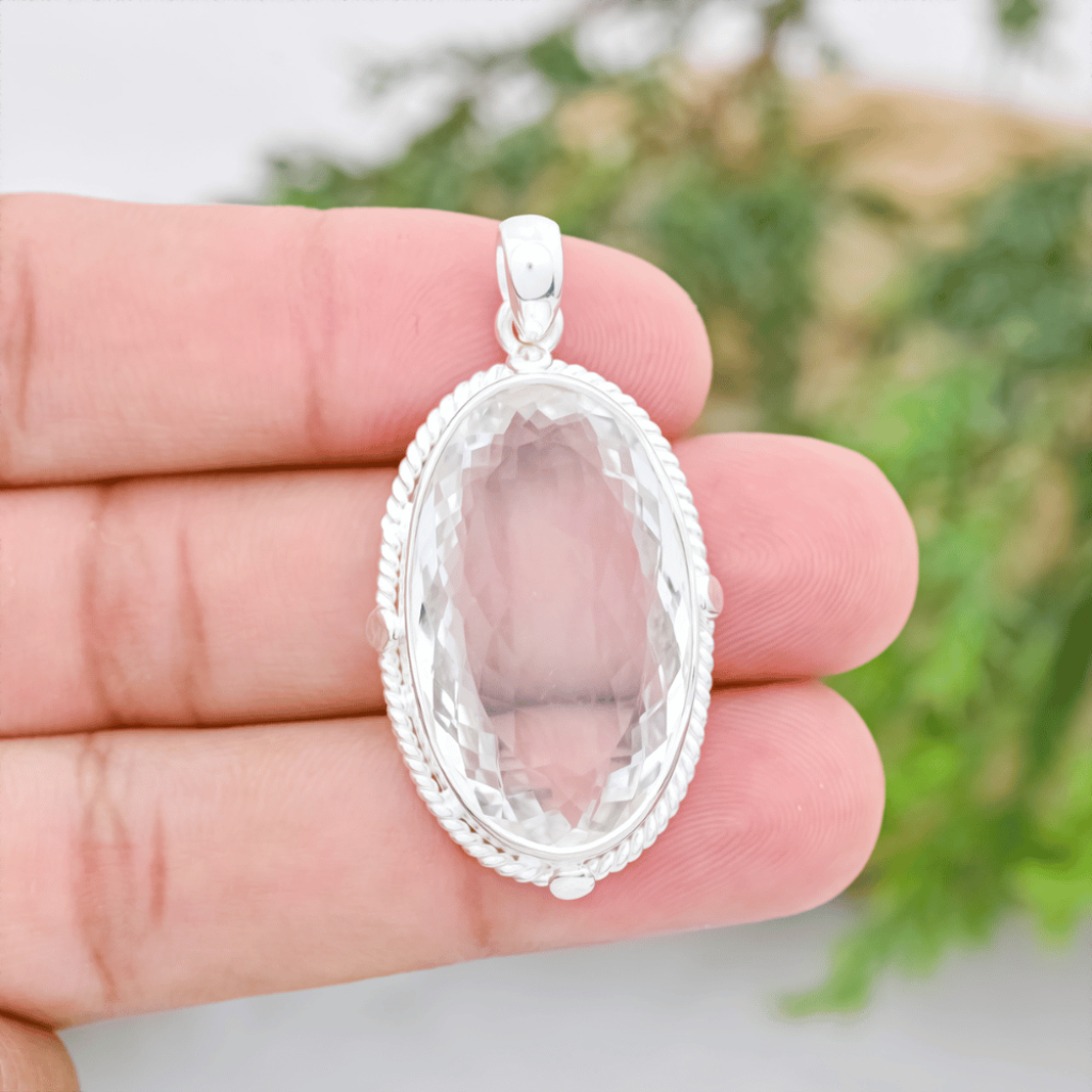 Natural Clean Crystal Quartz Oval Sterling Silver Pendant Jewellery