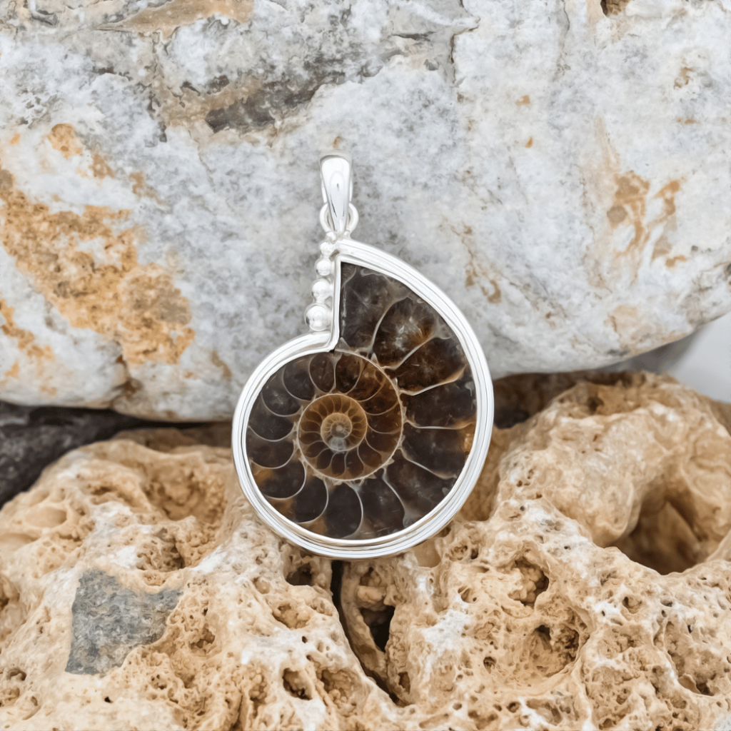 Natural Ammonite Fossil Conch Design Sterling Silver Pendant Jewellery