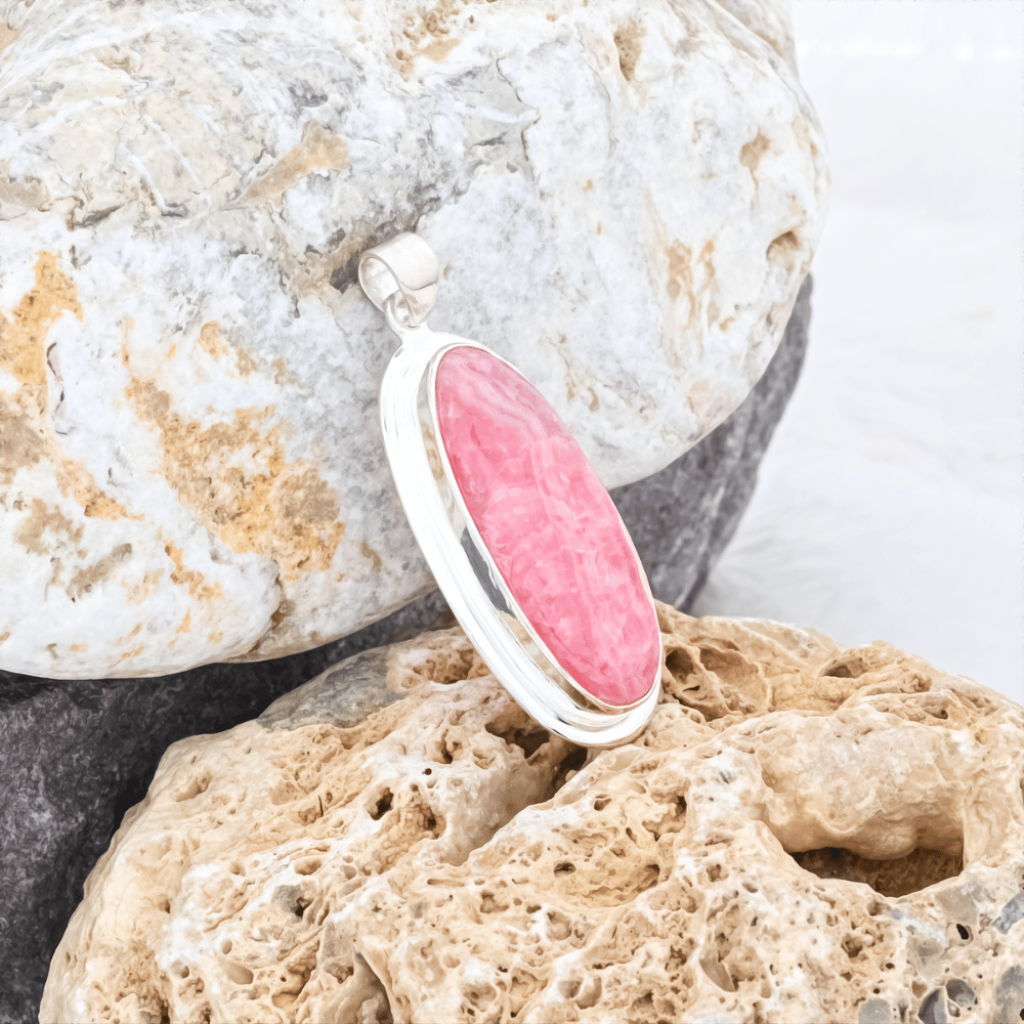 Pink Rhodochrosite Gemstone Sterling Silver Pendant Necklace