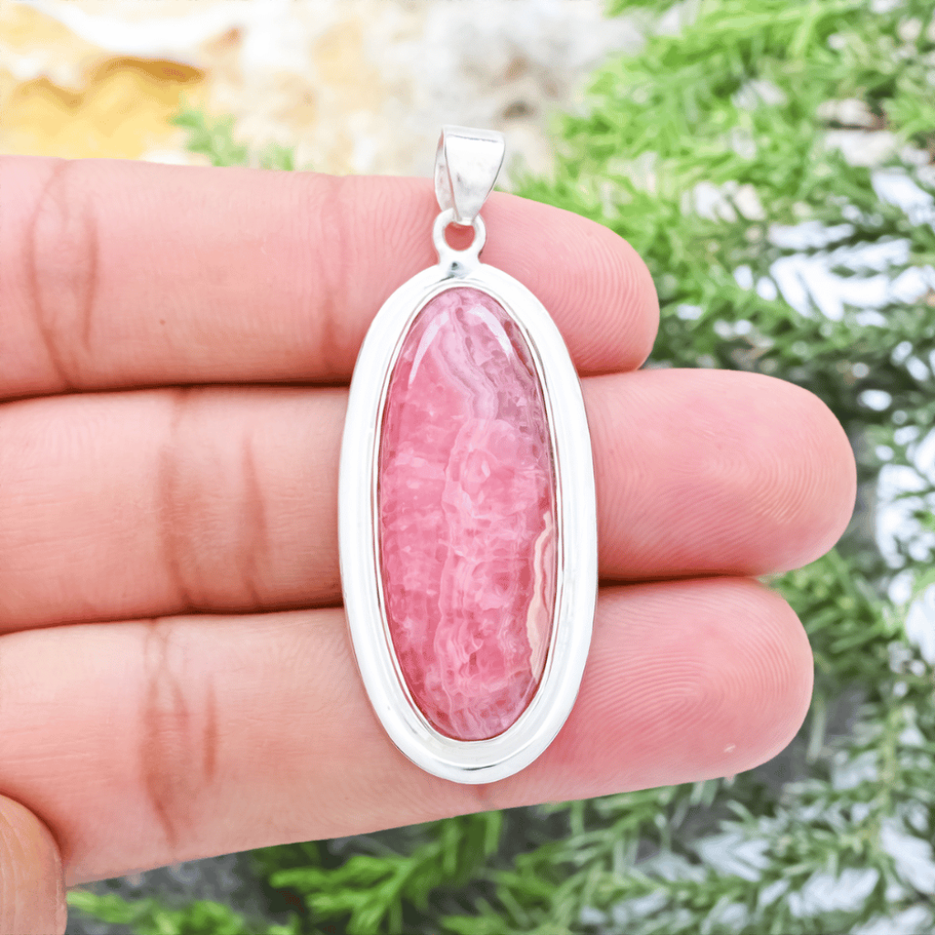 Pink Rhodochrosite Gemstone Sterling Silver Pendant Necklace