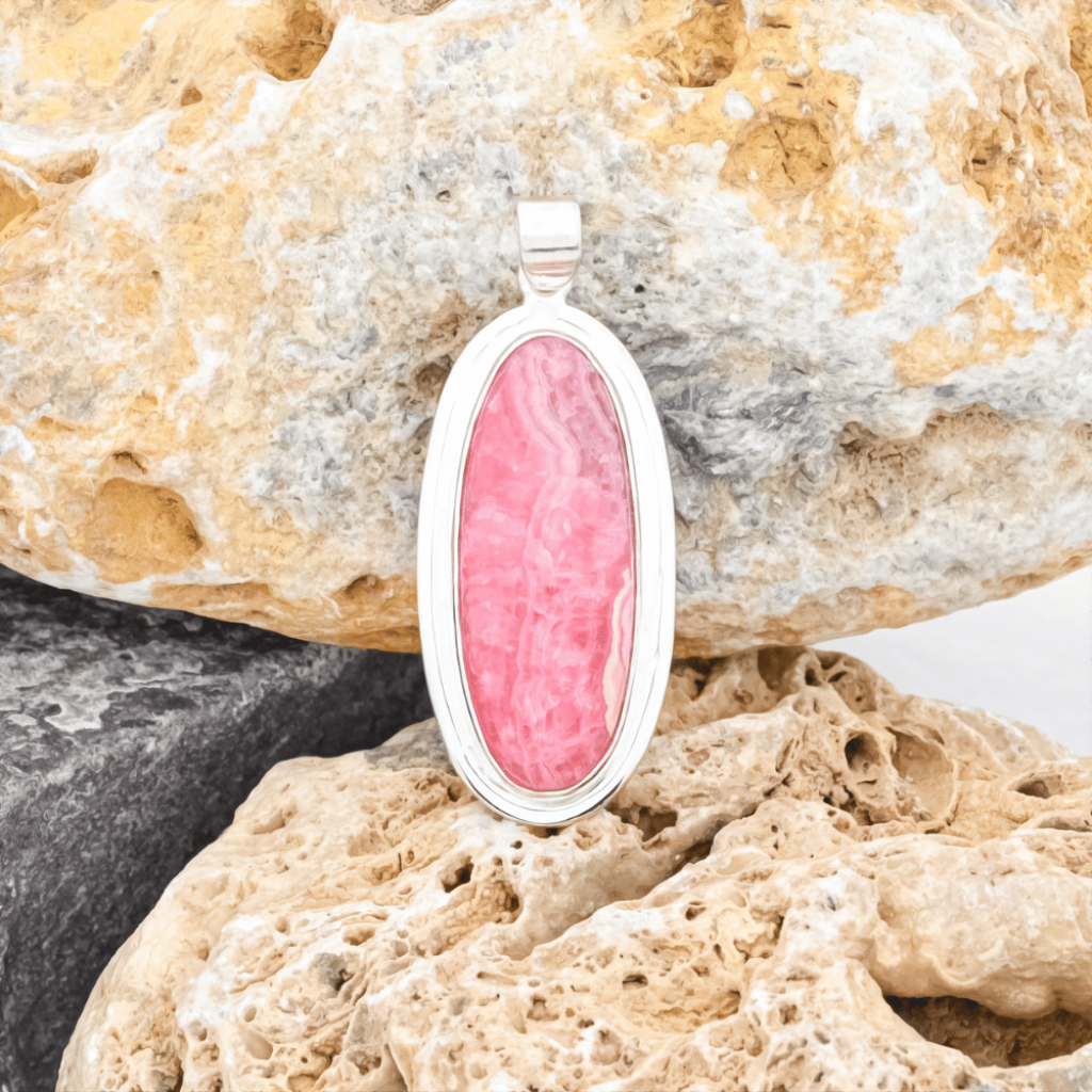 Pink Rhodochrosite Gemstone Sterling Silver Pendant Necklace