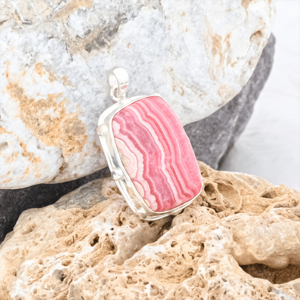 Pink Rhodochrosite Gemstone Sterling Silver Pendant Necklace