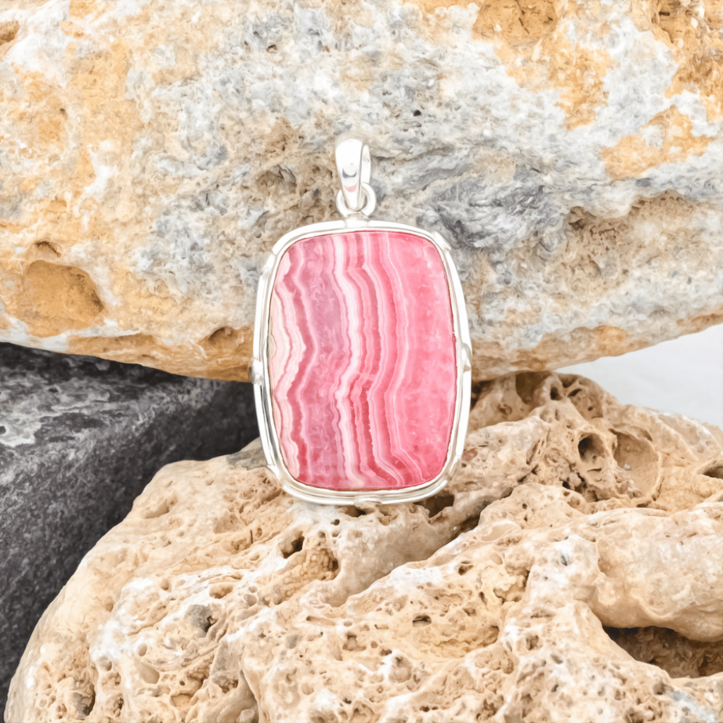 Pink Rhodochrosite Gemstone Sterling Silver Pendant Necklace