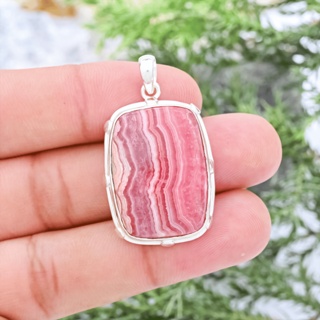 Pink Rhodochrosite Gemstone Sterling Silver Pendant Necklace