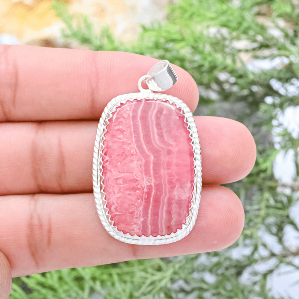 Pink Rhodochrosite Gemstone Sterling Silver Pendant Necklace