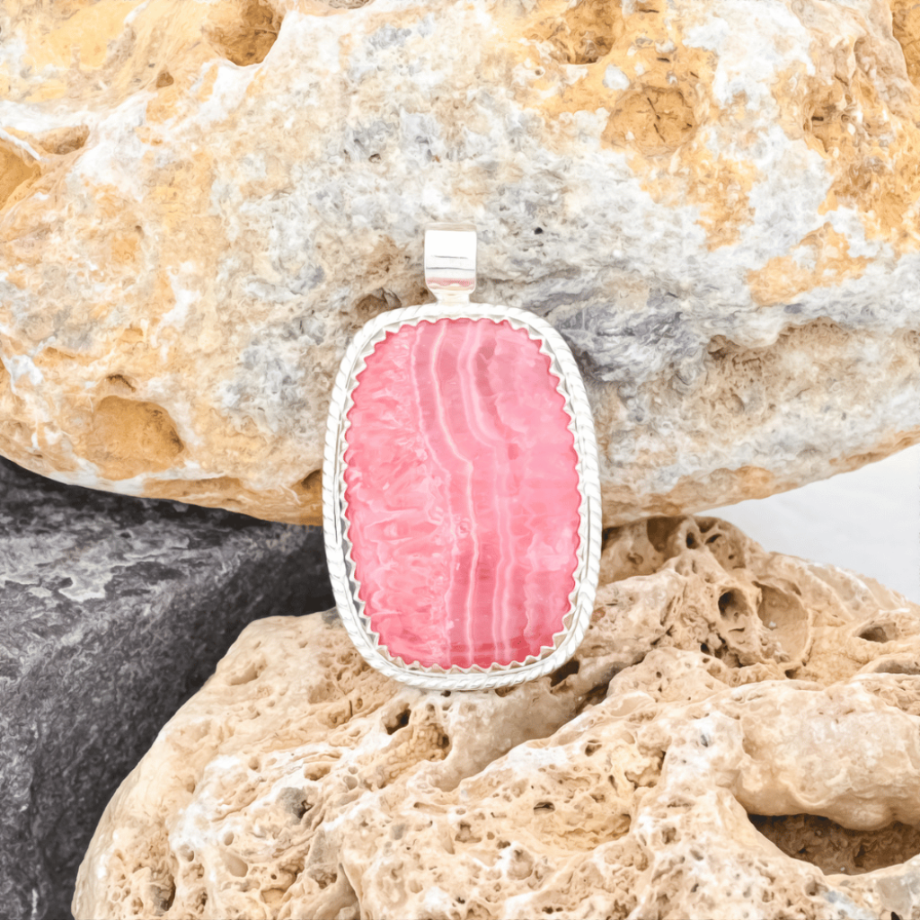 Pink Rhodochrosite Gemstone Sterling Silver Pendant Necklace