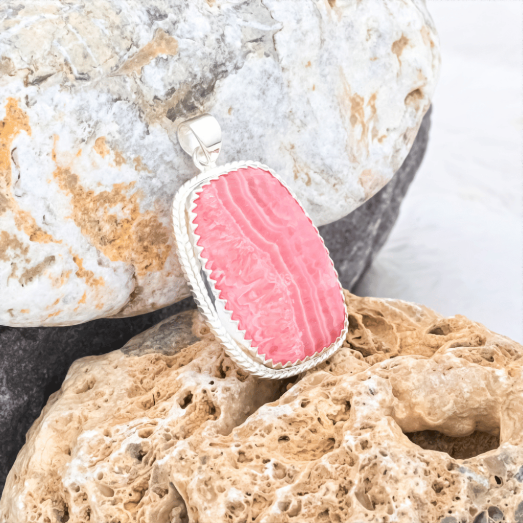 Pink Rhodochrosite Gemstone Sterling Silver Pendant Necklace