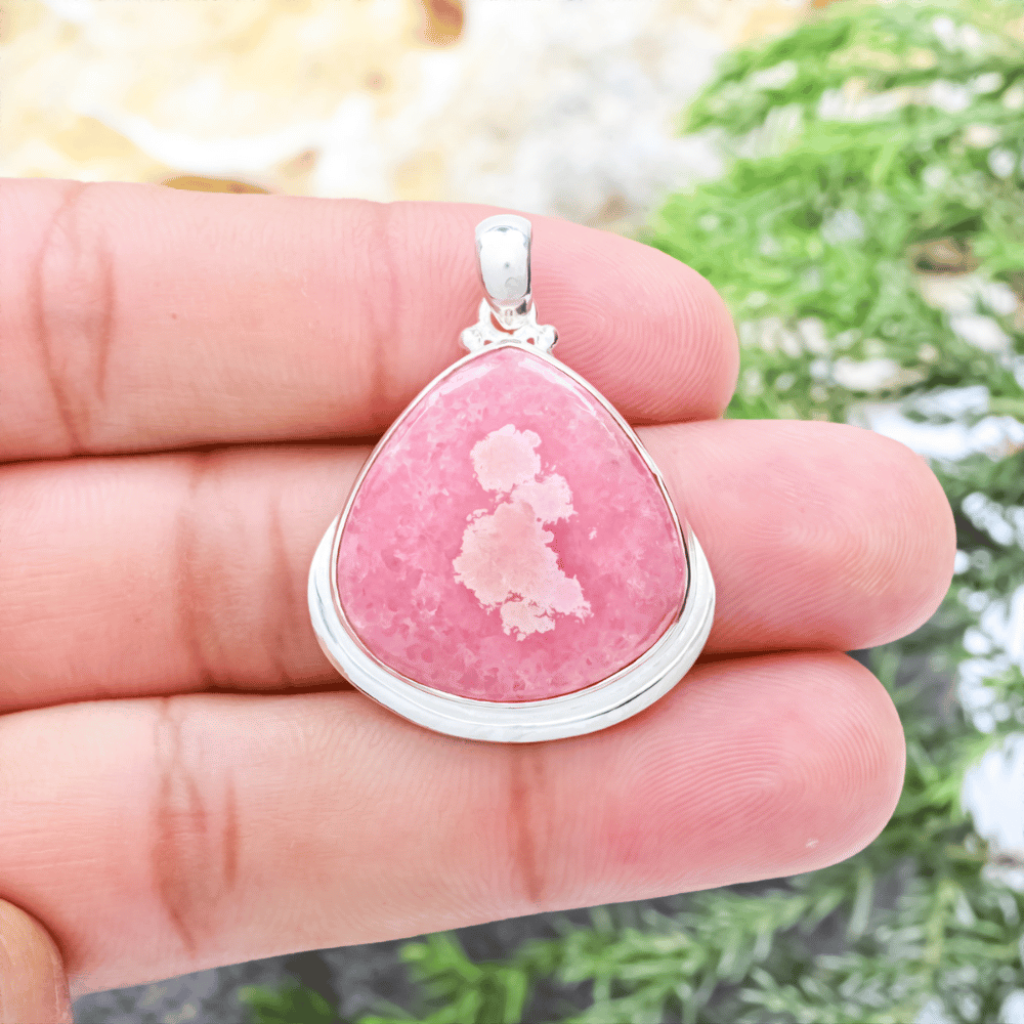 Pink Rhodochrosite Gemstone Sterling Silver Pendant Necklace