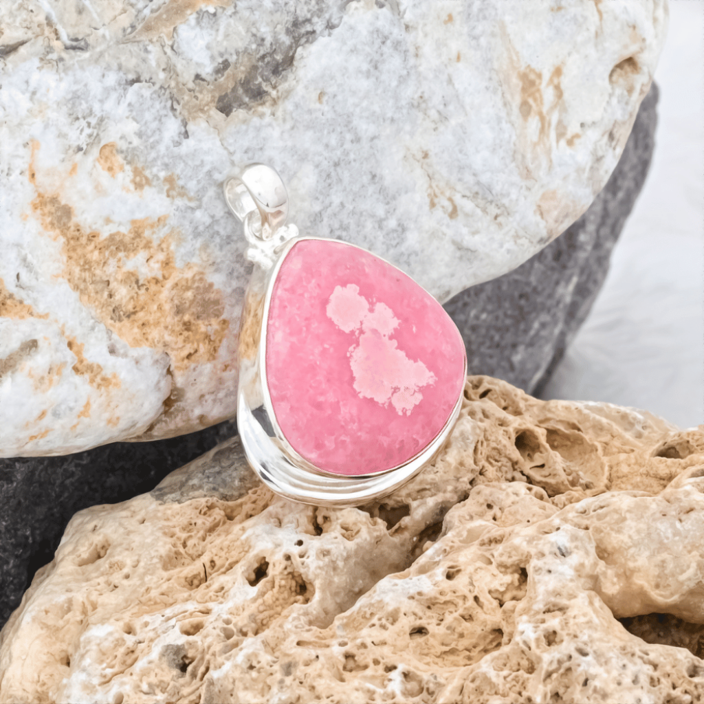 Pink Rhodochrosite Gemstone Sterling Silver Pendant Necklace