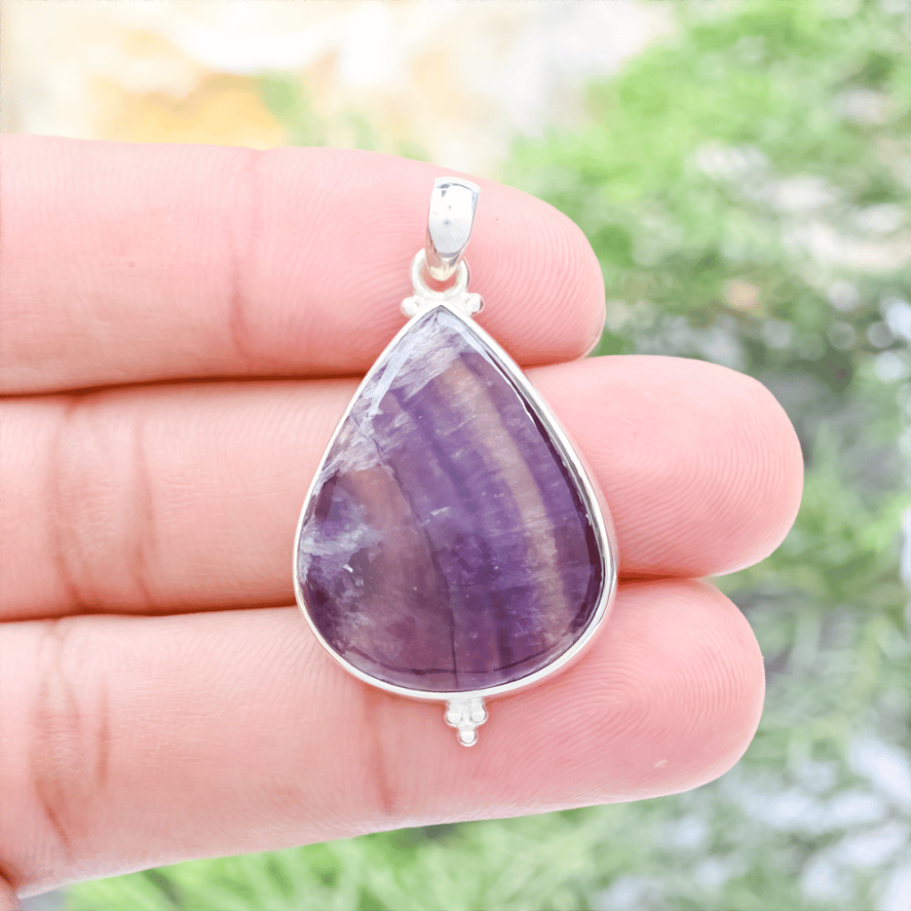 Natural Colorful Fluorite Quartz Crystal Sterling Silver Pendant