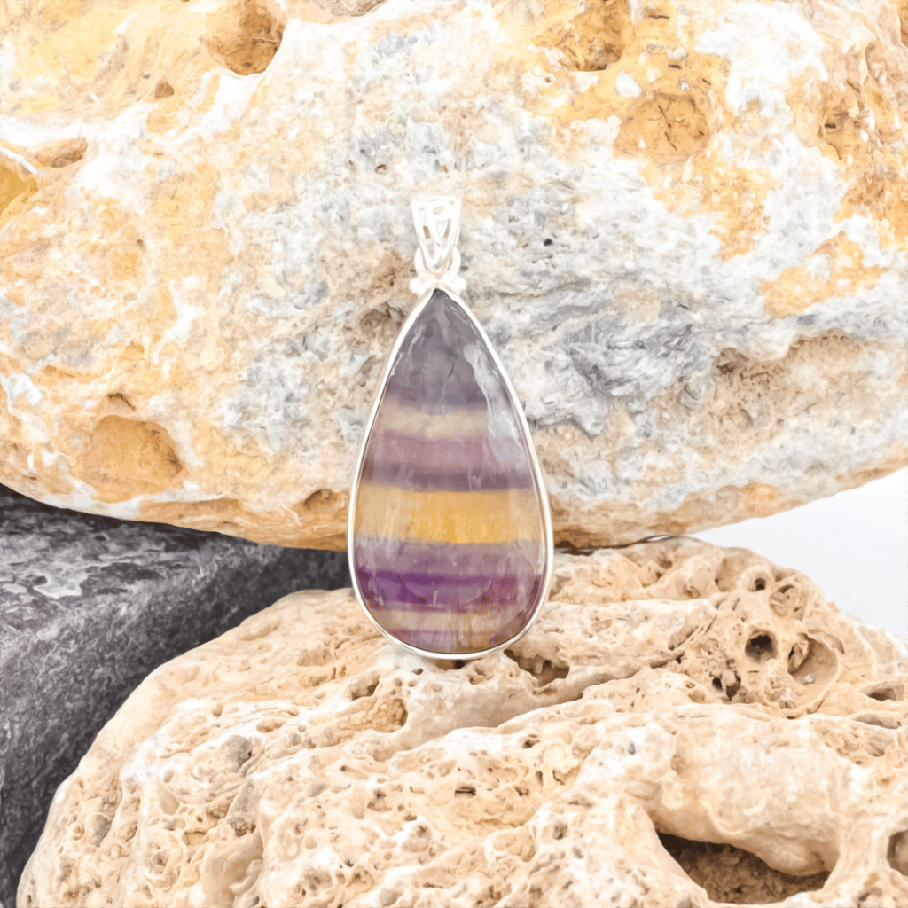Natural Colorful Fluorite Quartz Crystal Teardrop Sterling Silver Pendant