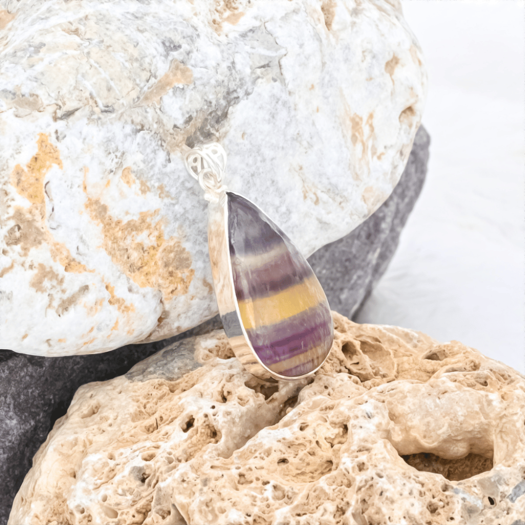 Natural Colorful Fluorite Quartz Crystal Teardrop Sterling Silver Pendant