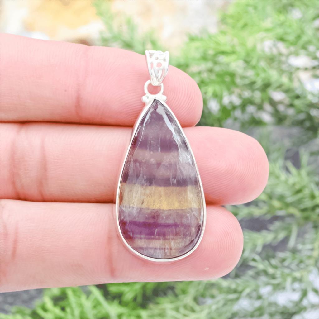 Natural Colorful Fluorite Quartz Crystal Teardrop Sterling Silver Pendant