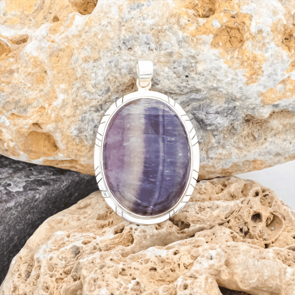 Natural Colorful Fluorite Quartz Crystal Sterling Silver Pendant