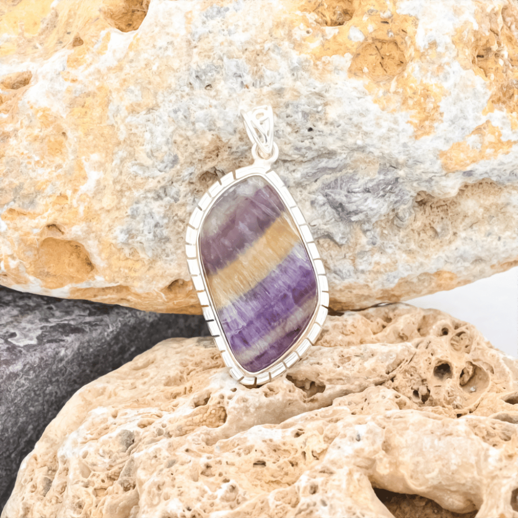 Natural Colorful Fluorite Quartz Crystal Sterling Silver Pendant