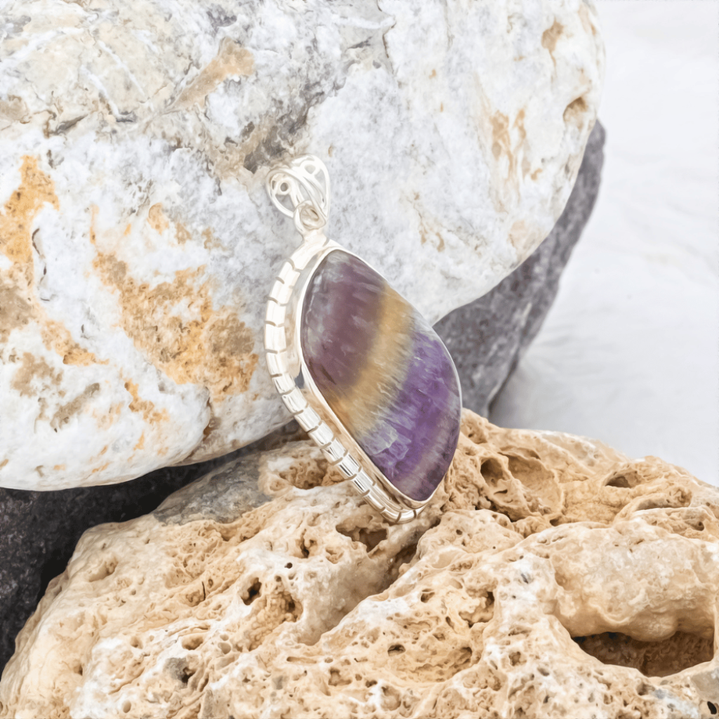 Natural Colorful Fluorite Quartz Crystal Sterling Silver Pendant