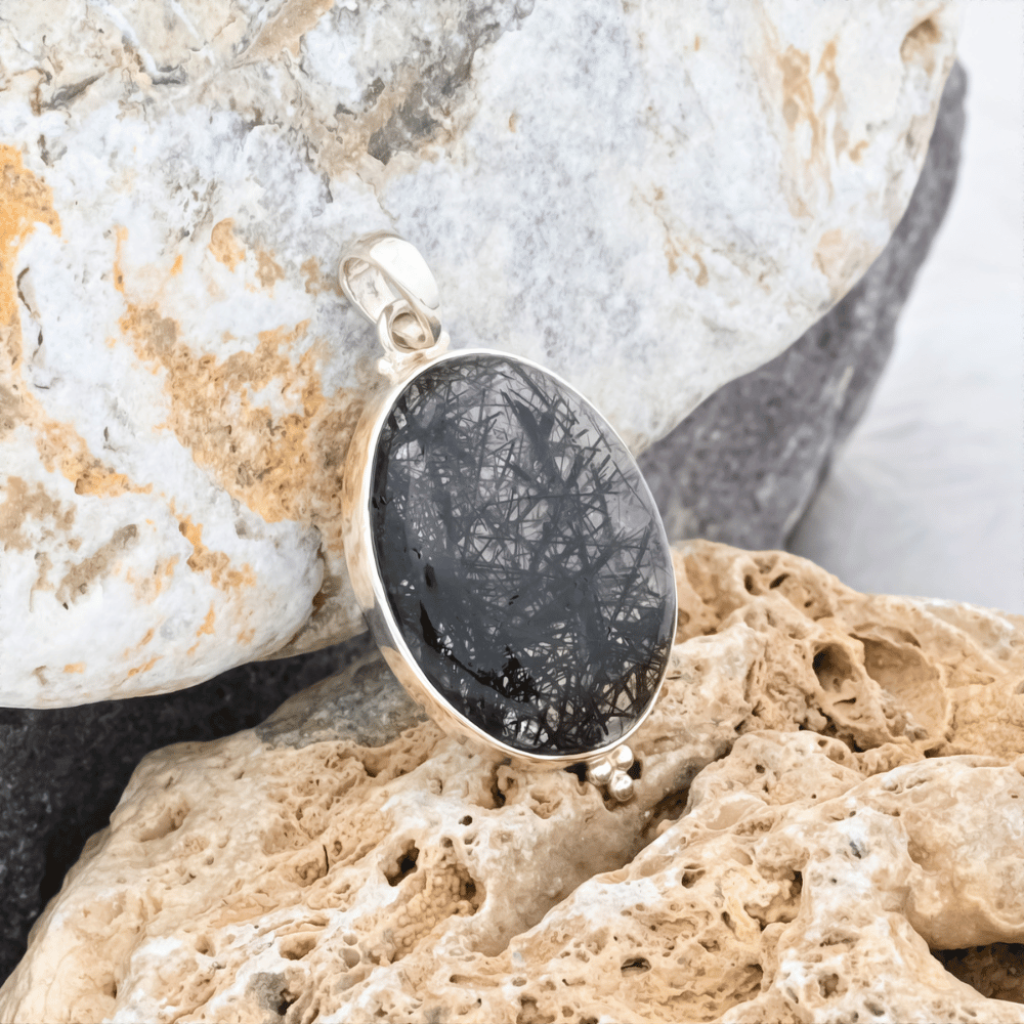 Natural Black Rutilated Quartz Sterling Silver Pendant Jewellery