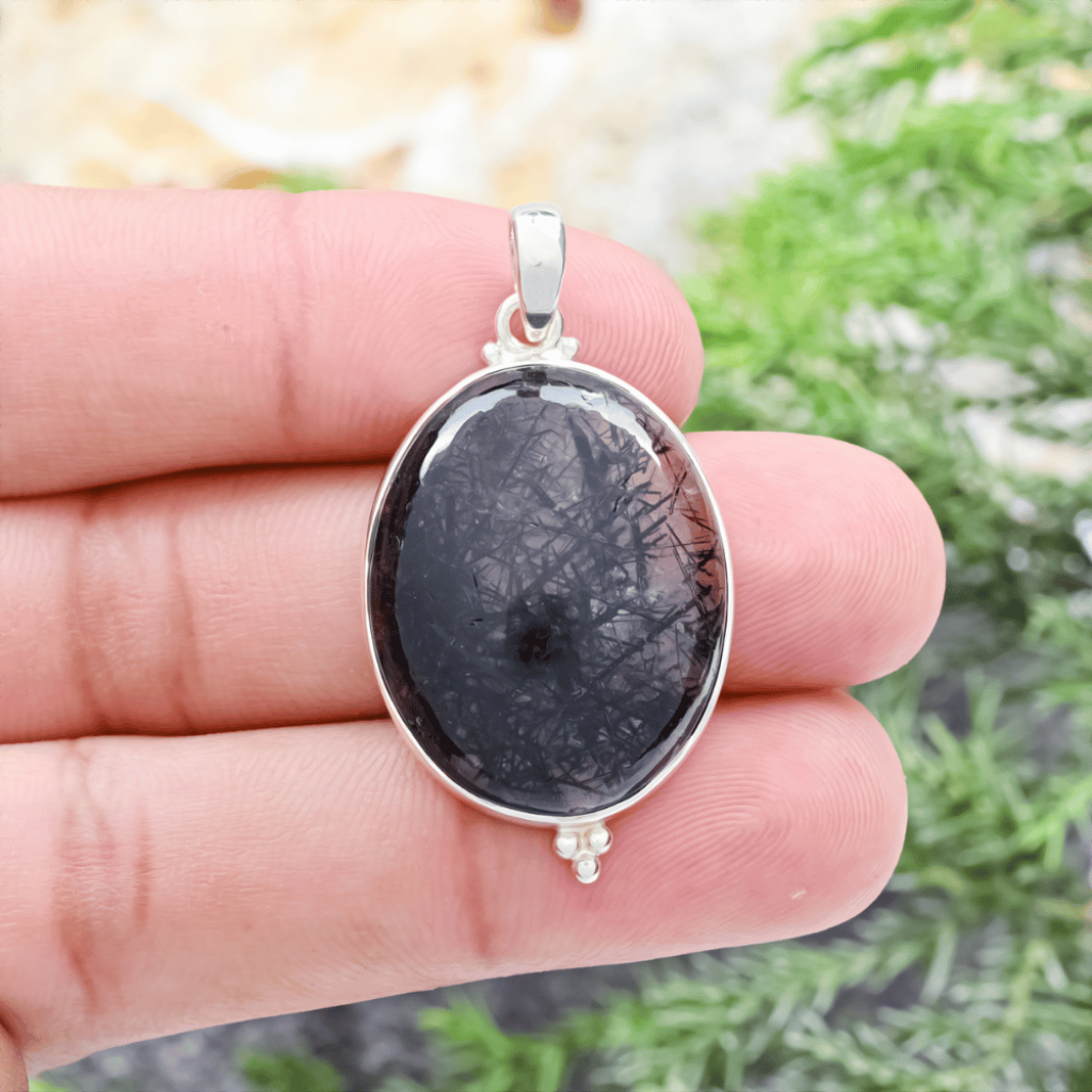 Natural Black Rutilated Quartz Sterling Silver Pendant Jewellery